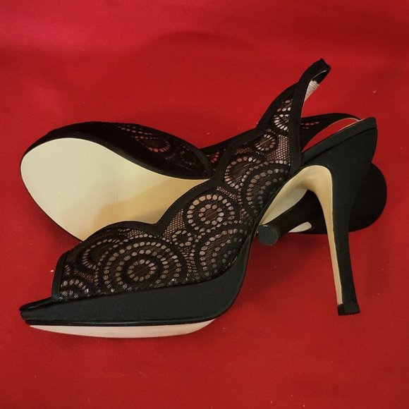 Caparros Black Lace High Heel Open Toe 9B Womens Shoes - Picture 12 of 13